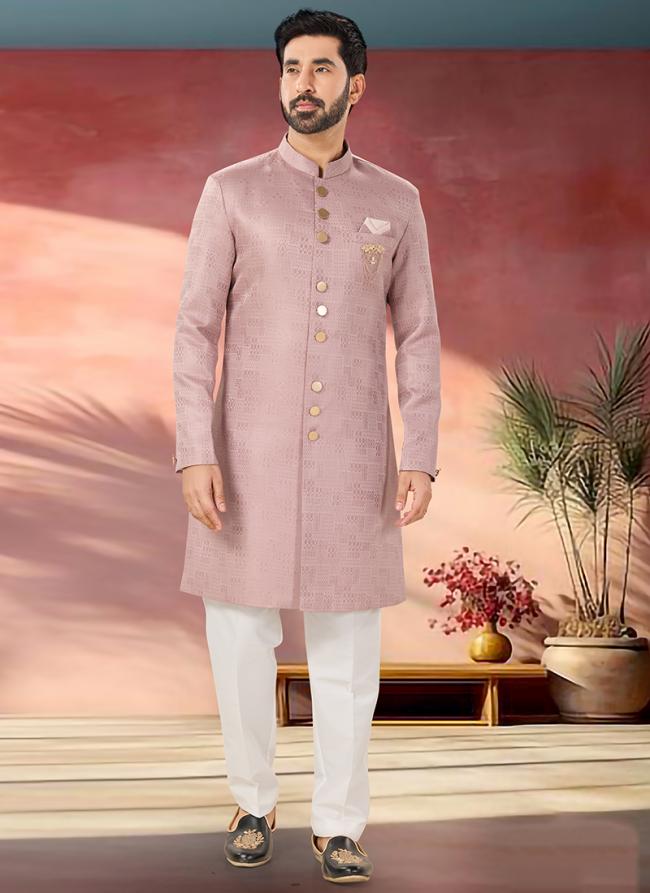 Jacquard Light Pink Wedding Wear Embroidery Work Readymade Sherwani